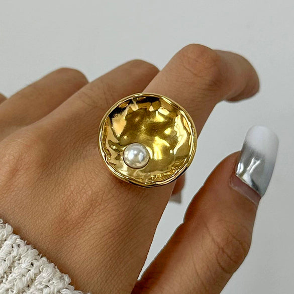Wholesale Women's Stainless Steel Geometric Exaggerated Hammer Pearl Open Ring 18K Gold Plated