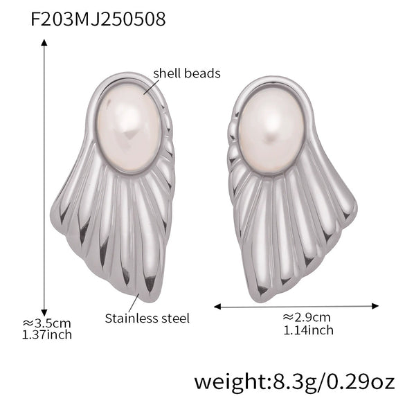 Wholesale Women's 316L Stainless Steel Geometric Fanshaped Highgloss Bead Earrings Electroplated Light Luxury Niche Fashion