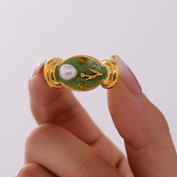 Wholesale Women's Stainless Steel Geometric Fashion Electroplated Enamel Glaze Flower Oil Painting Ferris Wheel Baroque Pearl Ring