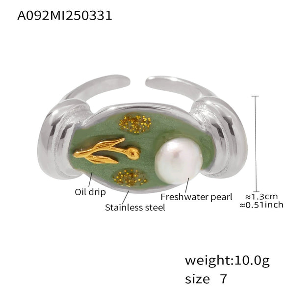 Wholesale Women's Stainless Steel Geometric Fashion Electroplated Enamel Glaze Flower Oil Painting Ferris Wheel Baroque Pearl Ring