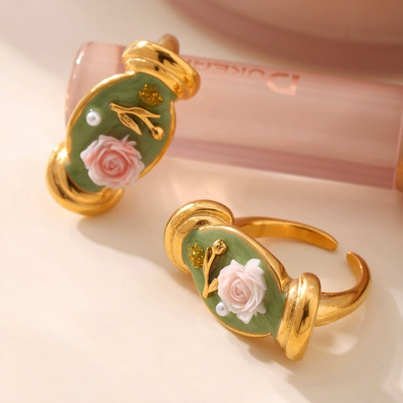 Wholesale Women's Stainless Steel Geometric Fashion Electroplated Enamel Glaze Flower Oil Painting Ferris Wheel Baroque Pearl Ring