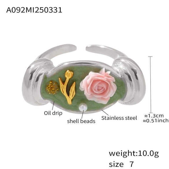 Wholesale Women's Stainless Steel Geometric Fashion Electroplated Enamel Glaze Flower Oil Painting Ferris Wheel Baroque Pearl Ring