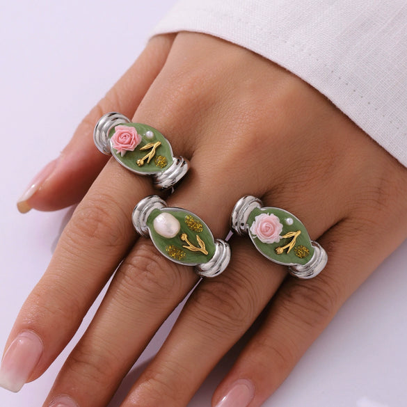 Wholesale Women's Stainless Steel Geometric Fashion Electroplated Enamel Glaze Flower Oil Painting Ferris Wheel Baroque Pearl Ring
