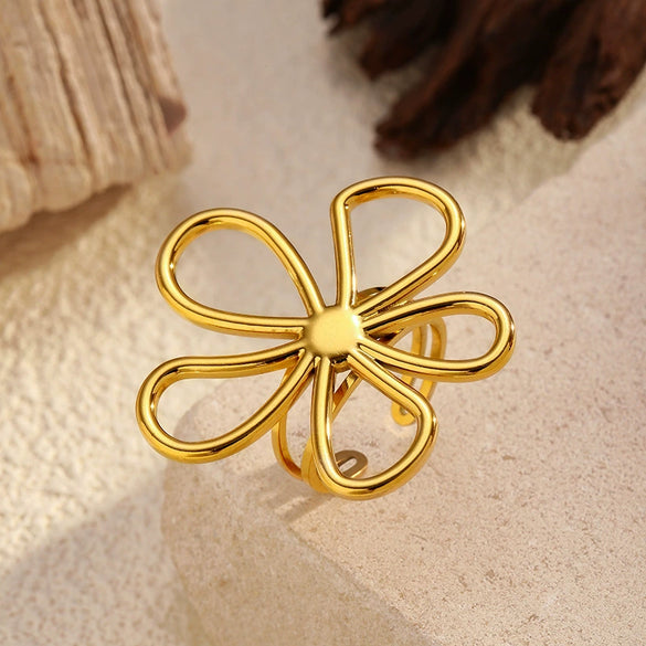 Wholesale Women's Stainless Steel Geometric Flower Hollow Open Ring With Polished Electroplating