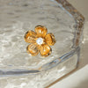 Wholesale Women's Stainless Steel Geometric Flower Pearl Opening Ring Electroplated Fashion Jewelry