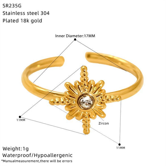 Wholesale Women's Stainless Steel Geometric Four Leaf Clover Branch Real Gold Plated Adjustable Open Ring Fashion Jewelry