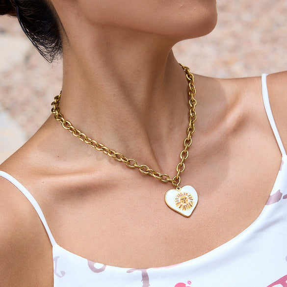 Wholesale Women's Stainless Steel Geometric Heart Face Pendant Necklace With Oil Drop Print And Electroplating Design