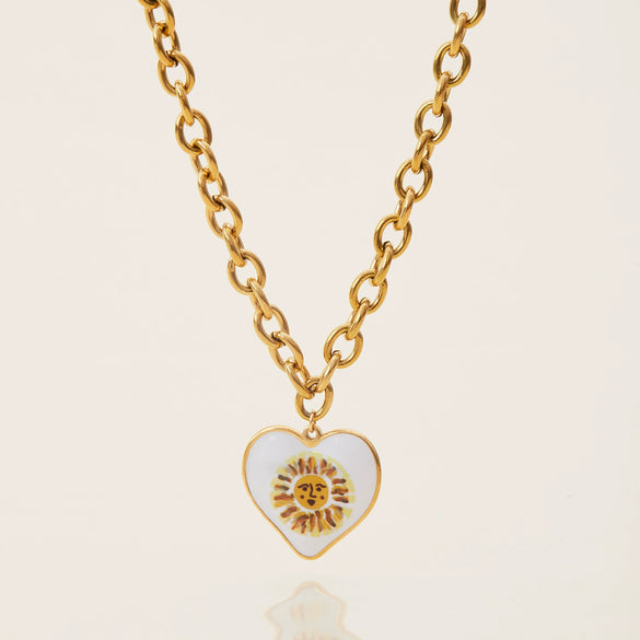 Wholesale Women's Stainless Steel Geometric Heart Face Pendant Necklace With Oil Drop Print And Electroplating Design