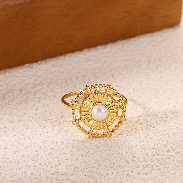 Wholesale Women's Stainless Steel Geometric Heart Shape Imitation Pearl Zircon Ring Inlaid With Gold And Plated With 18K Gold Flower Star Open Ring
