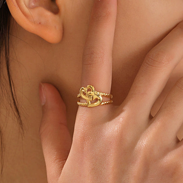 Wholesale Women's Stainless Steel Geometric Heartshaped Doublelayer Opening Adjustable Ring With Electroplating