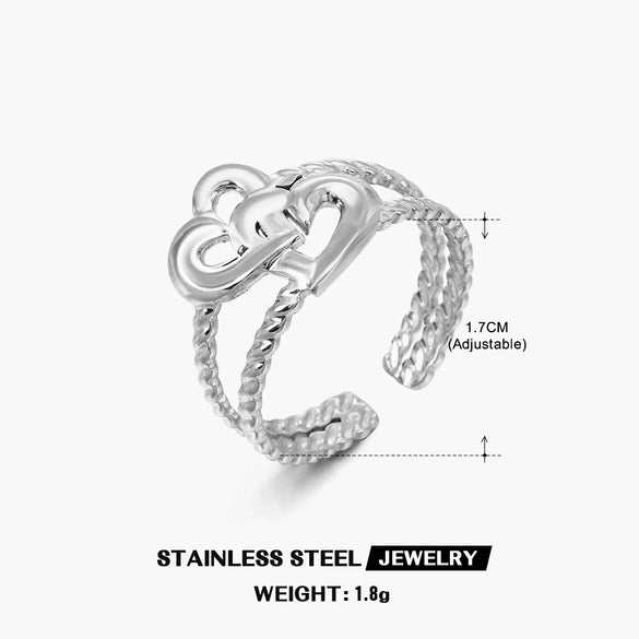 Wholesale Women's Stainless Steel Geometric Heartshaped Doublelayer Opening Adjustable Ring With Electroplating