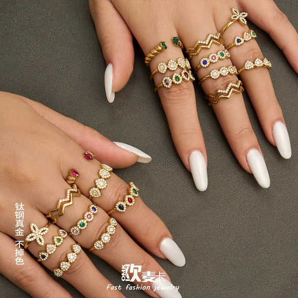 Wholesale Women's Stainless Steel Geometric Heartshaped Electroplated 18K Gold Open Thin Band Tail Ring Set Accessories