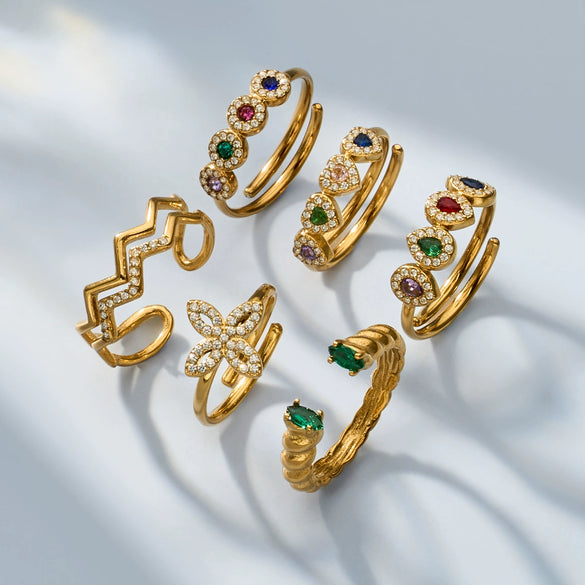 Wholesale Women's Stainless Steel Geometric Heartshaped Electroplated 18K Gold Open Thin Band Tail Ring Set Accessories