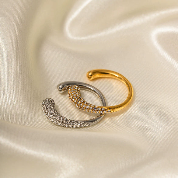 Wholesale Women's Stainless Steel Geometric Inlaid White Diamond Opening Ring With Electroplating Light Luxury And Nonfading
