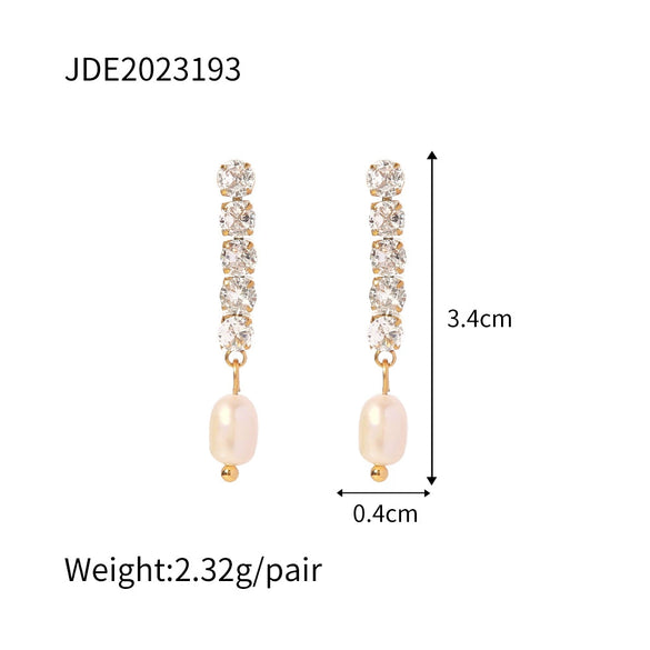 Wholesale Women's Stainless Steel Geometric Inlaid Zircon Freshwater Pearl Ear Row Tassel Ear Studs Jewelry
