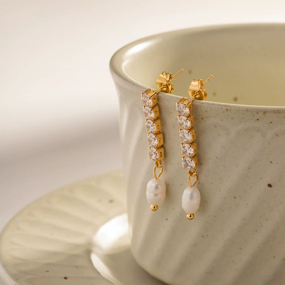 Wholesale Women's Stainless Steel Geometric Inlaid Zircon Freshwater Pearl Ear Row Tassel Ear Studs Jewelry