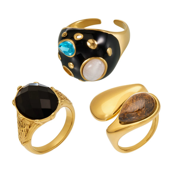 Wholesale Women's Stainless Steel Geometric Inlaid Zircon Tiger Eye Stone Electroplated Ring Jewelry