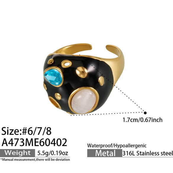 Wholesale Women's Stainless Steel Geometric Inlaid Zircon Tiger Eye Stone Electroplated Ring Jewelry