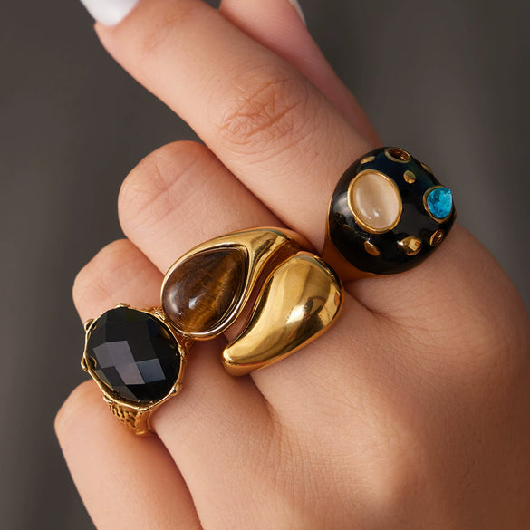 Wholesale Women's Stainless Steel Geometric Inlaid Zircon Tiger Eye Stone Electroplated Ring Jewelry