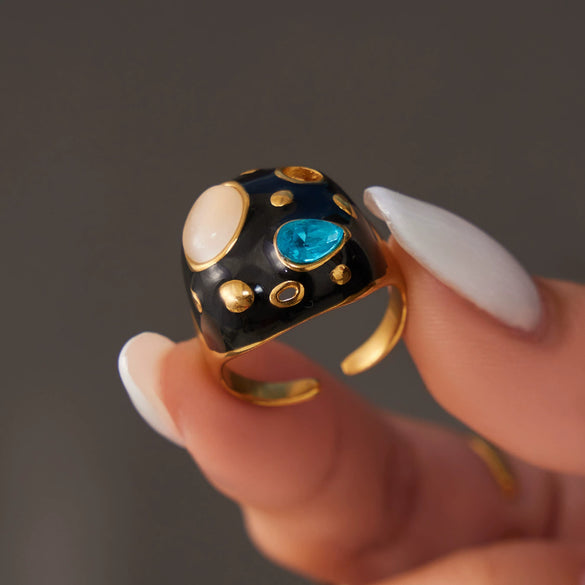 Wholesale Women's Stainless Steel Geometric Inlaid Zircon Tiger Eye Stone Electroplated Ring Jewelry