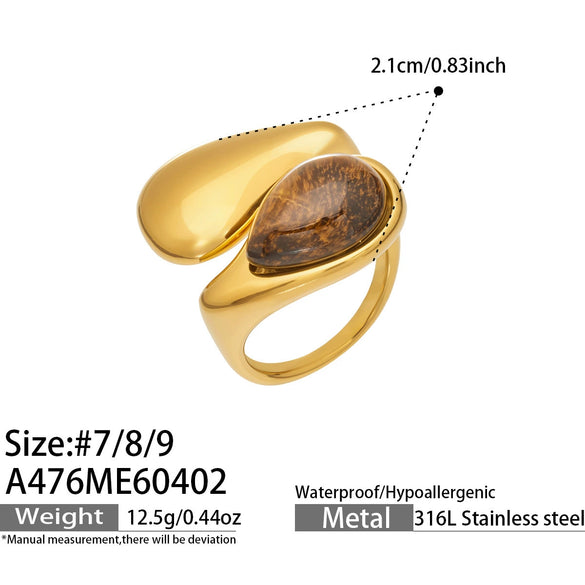 Wholesale Women's Stainless Steel Geometric Inlaid Zircon Tiger Eye Stone Electroplated Ring Jewelry
