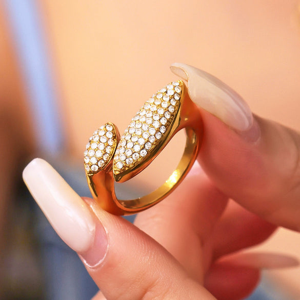 Wholesale Women's Stainless Steel Geometric Irregular Open Ring With Full Diamond Zircon Electroplating Hand Jewelry