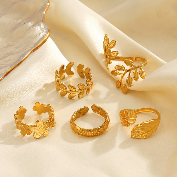 Wholesale Women's Stainless Steel Geometric Leaf Open Ring With 18K Gold Plated Electroplating In Plants Flowers Style
