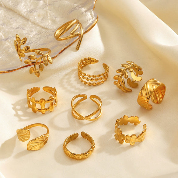 Wholesale Women's Stainless Steel Geometric Leaf Open Ring With 18K Gold Plated Electroplating In Plants Flowers Style