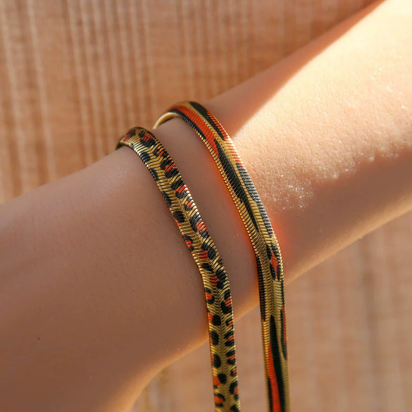 Wholesale Women's Stainless Steel Geometric Leopard Print Electroplated Snake Bone Chain Bracelet Jewelry Set