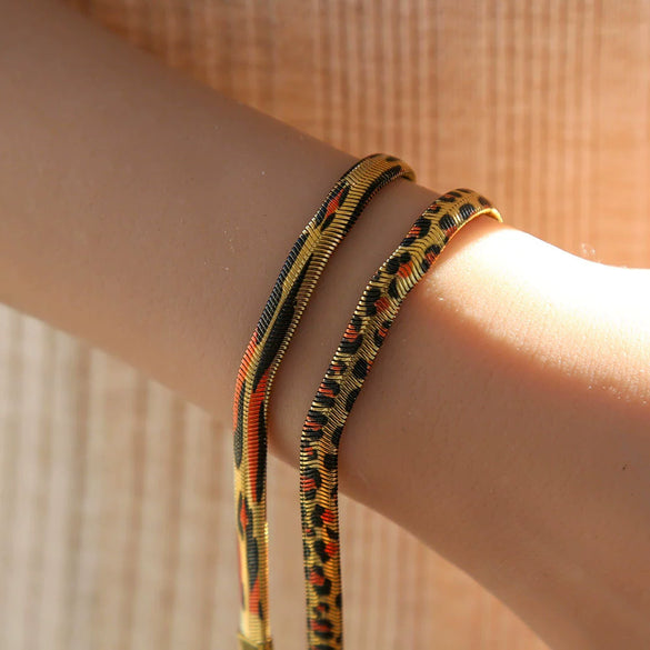 Wholesale Women's Stainless Steel Geometric Leopard Print Electroplated Snake Bone Chain Bracelet Jewelry Set