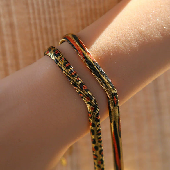 Wholesale Women's Stainless Steel Geometric Leopard Print Electroplated Snake Bone Chain Bracelet Jewelry Set