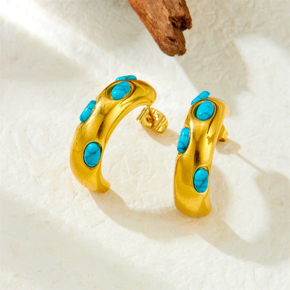 Wholesale Women's Stainless Steel Geometric Micro Inlaid Blue Turquoise Earrings With Electroplating Treatment Retro Style