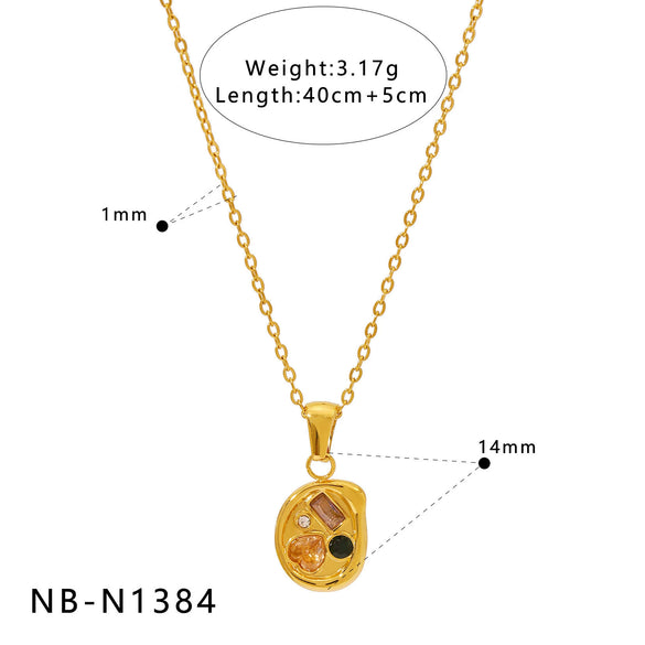 Wholesale Women's Stainless Steel Geometric Necklace And Earrings Combination With 18K Real Gold Plating And Colorful Natural Zircon Inlay
