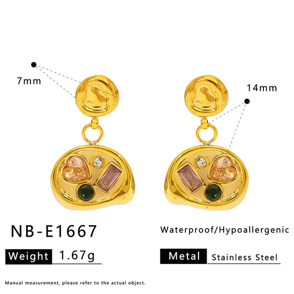 Wholesale Women's Stainless Steel Geometric Necklace And Earrings Combination With 18K Real Gold Plating And Colorful Natural Zircon Inlay