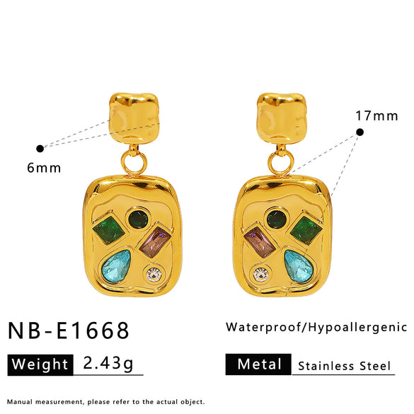 Wholesale Women's Stainless Steel Geometric Necklace And Earrings Combination With 18K Real Gold Plating And Colorful Natural Zircon Inlay