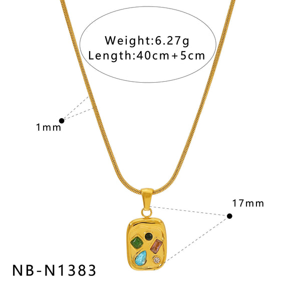 Wholesale Women's Stainless Steel Geometric Necklace And Earrings Combination With 18K Real Gold Plating And Colorful Natural Zircon Inlay