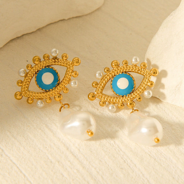 Wholesale Women's Stainless Steel Geometric Oil Drop Devil's Eye Earrings With Electroplating And Pearl