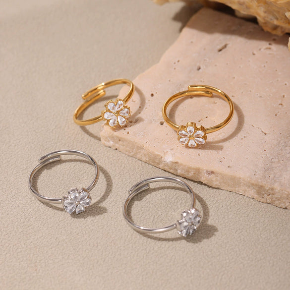 Wholesale Women's 316L Stainless Steel Geometric Open Ring With Electroplating And Zircon Water Drop Small Flower Design