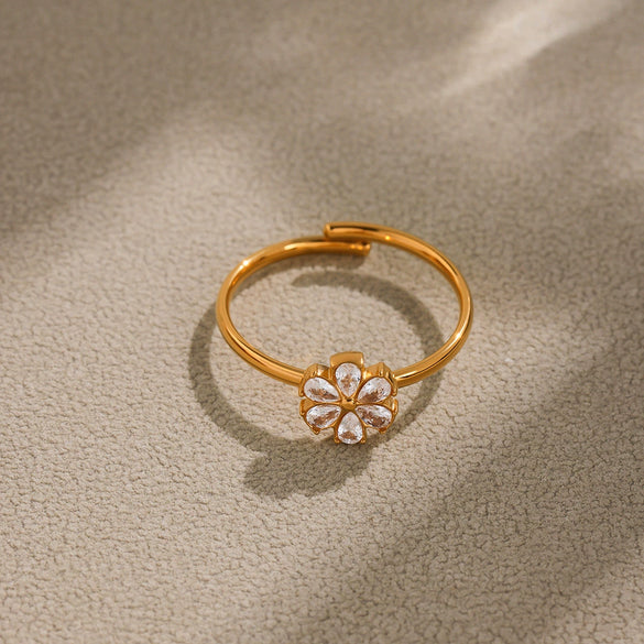 Wholesale Women's 316L Stainless Steel Geometric Open Ring With Electroplating And Zircon Water Drop Small Flower Design