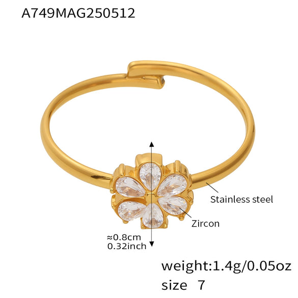 Wholesale Women's 316L Stainless Steel Geometric Open Ring With Electroplating And Zircon Water Drop Small Flower Design