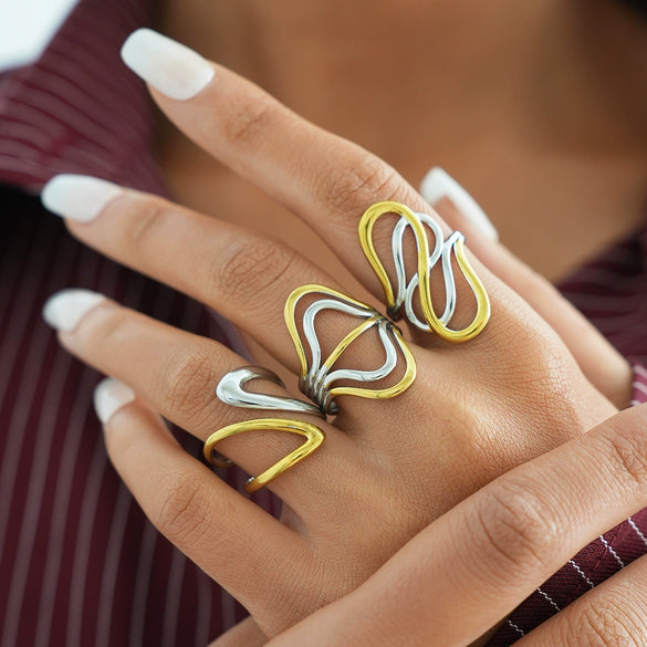Wholesale Women's Stainless Steel Geometric Open Ring With Vacuum Real Gold Plating In Pvd Furnace