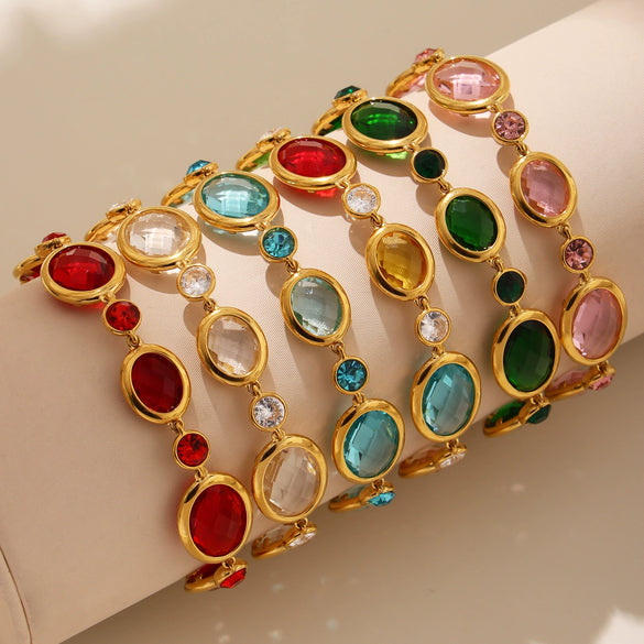 Wholesale Women's 316L Stainless Steel Geometric Oval Faceted Czech Glass Bracelet With Electroplating