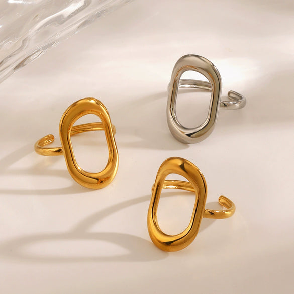 Wholesale Women's Stainless Steel Geometric Oval Hollow Adjustable Ring With Electroplating