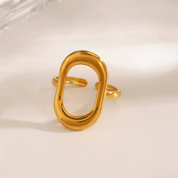 Wholesale Women's Stainless Steel Geometric Oval Hollow Adjustable Ring With Electroplating