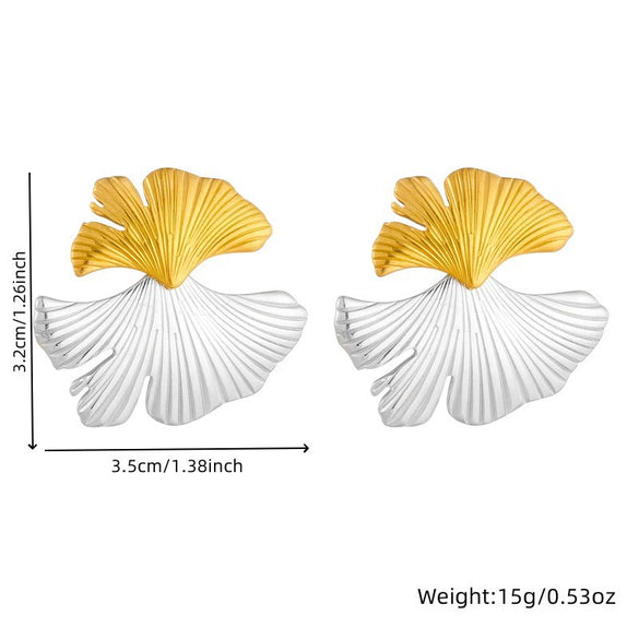 Wholesale Women's Stainless Steel Geometric Oval Pleated Ginkgo Leaf Electroplated Earrings