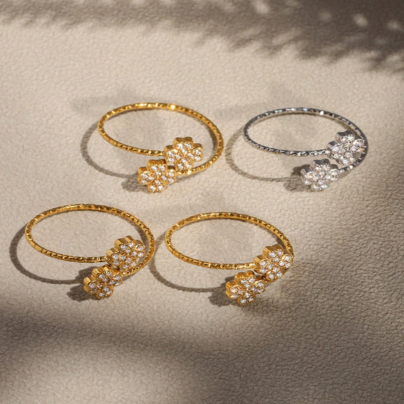 Wholesale Women's Stainless Steel Geometric Pattern Electroplated Microinlaid Zircon Ferris Wheel Fourleaf Flower Opening Finger Ring