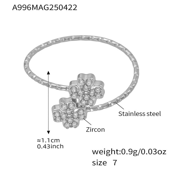 Wholesale Women's Stainless Steel Geometric Pattern Electroplated Microinlaid Zircon Ferris Wheel Fourleaf Flower Opening Finger Ring