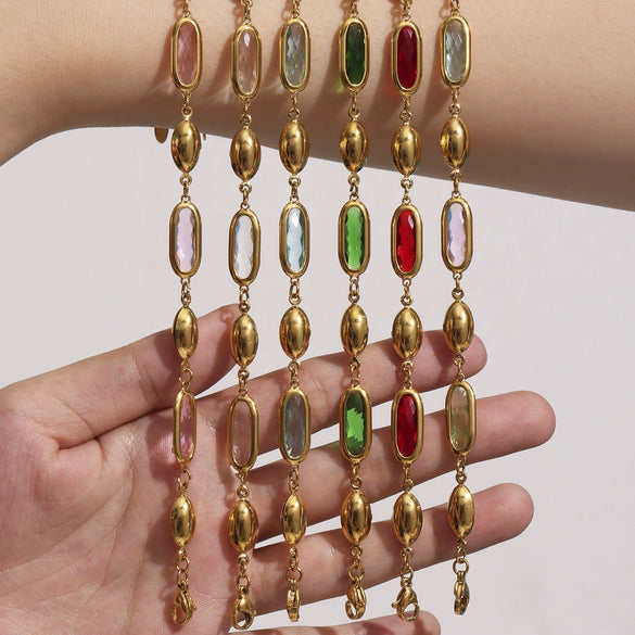 Wholesale Women's 316L Stainless Steel Geometric Pattern Electroplated Oval Glass Stone Bracelet Jewelry