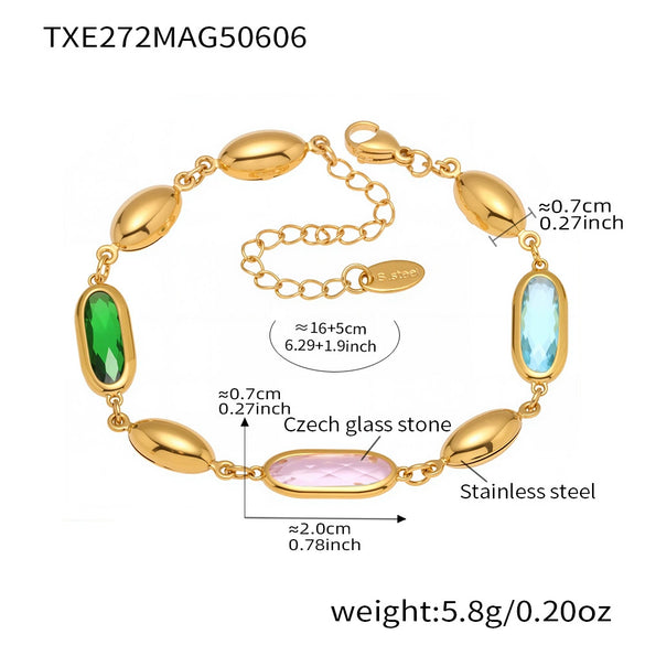 Wholesale Women's 316L Stainless Steel Geometric Pattern Electroplated Oval Glass Stone Bracelet Jewelry