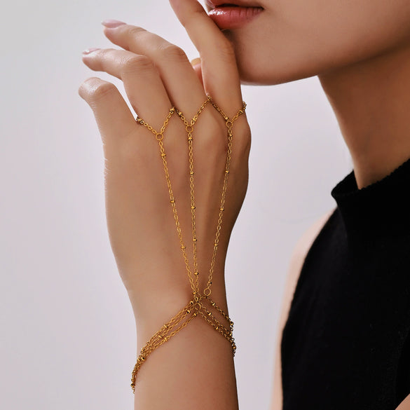Wholesale Women's 316L Stainless Steel Geometric Pattern 18K Gold Plated Finger Chain Bracelet